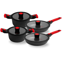 Kit 2 Caçarolas e 2 Frigideiras Antiaderentes Mármore e Base Titânio c/ Tampa e Cabos Removíveis (indução, Gás e Fogo)
